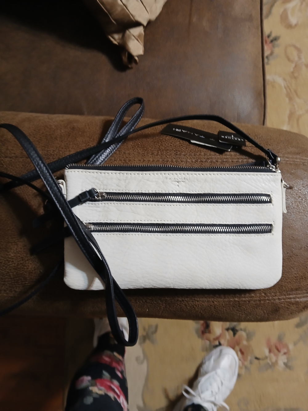 Tahari White Crossbody with Black Trim and Dual Zippers